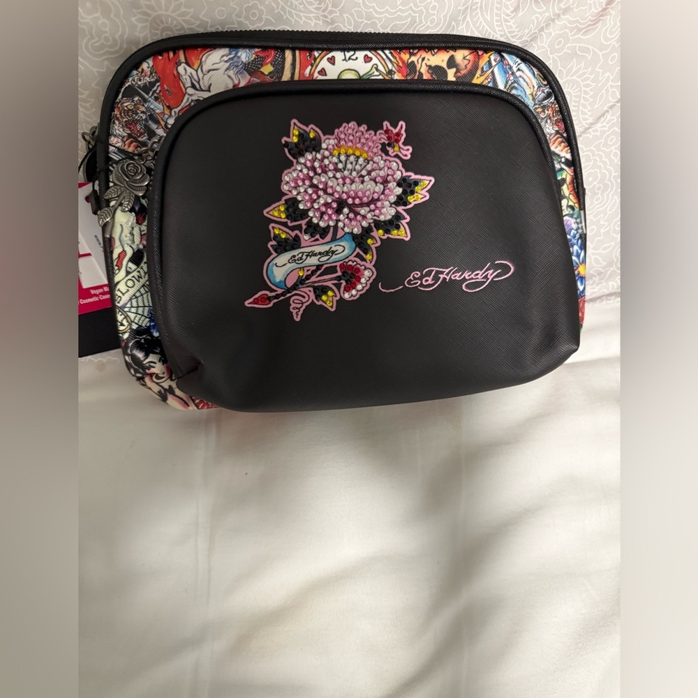 Ed Hardy Black and Pink Floral Cosmetic Bag set. NWT
